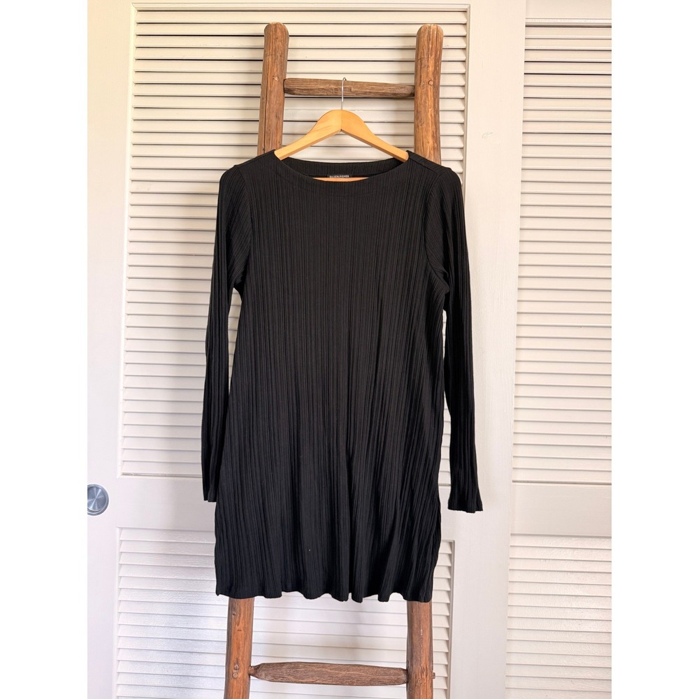Eileen Fisher Ribbed‎ Tunic Women Large Black  Tencel Long Sleeve